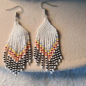 Beaded Fringe Earrings - White, Black, Orange, Yellow